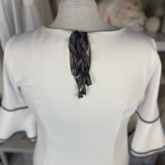 Sharagano Women's Size 12 Cream Gray Trimmed Bell Sleeve Shift Dress 3621 - Picture 4 of 9